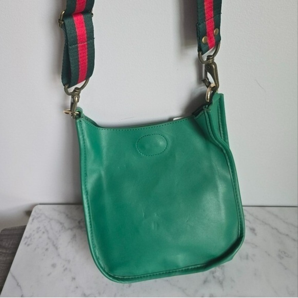 Ahdorned NEW Green Vegan Leather Stripe Crossbody Strap Messanger Bag Preppy - Picture 7 of 10